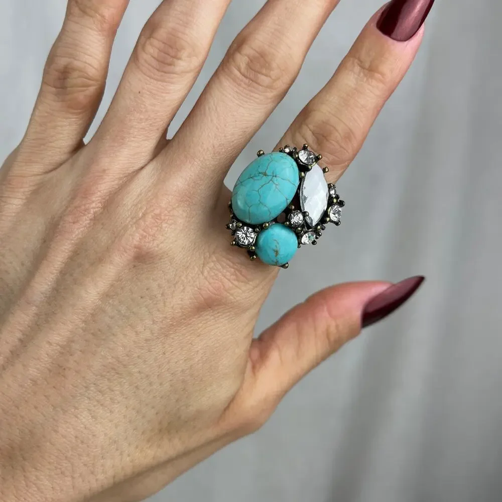 VTG Y2K Urban Outfitters Turquoise Howlite Rhinestone Statement Ring Gold 6-6.5 - Picture 1 of 16